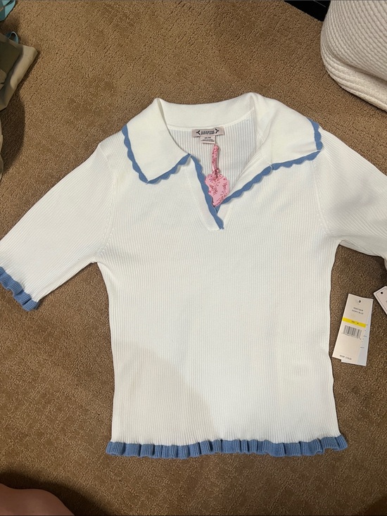 Nanette Lepore Tops - Nanette Lepore White Knit Polo Top with Blue Trim - Kids